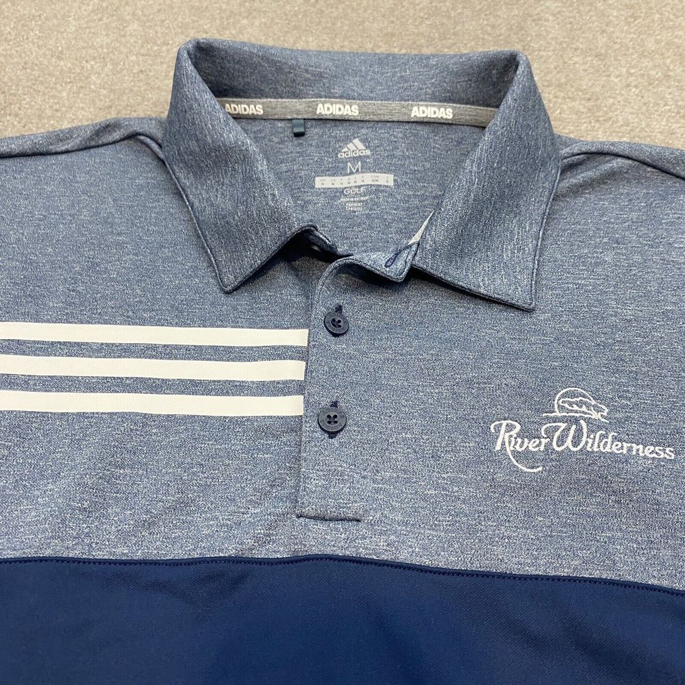 adidas Golf Polo Shirt Mens Medium Blue River Wilderness Club Logo Sport Outdoor